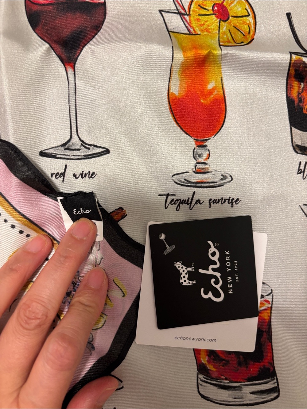 Echo New York Pink, White & Black Cocktail Print Silk Scarf 20x20 - Picture 3 of 3